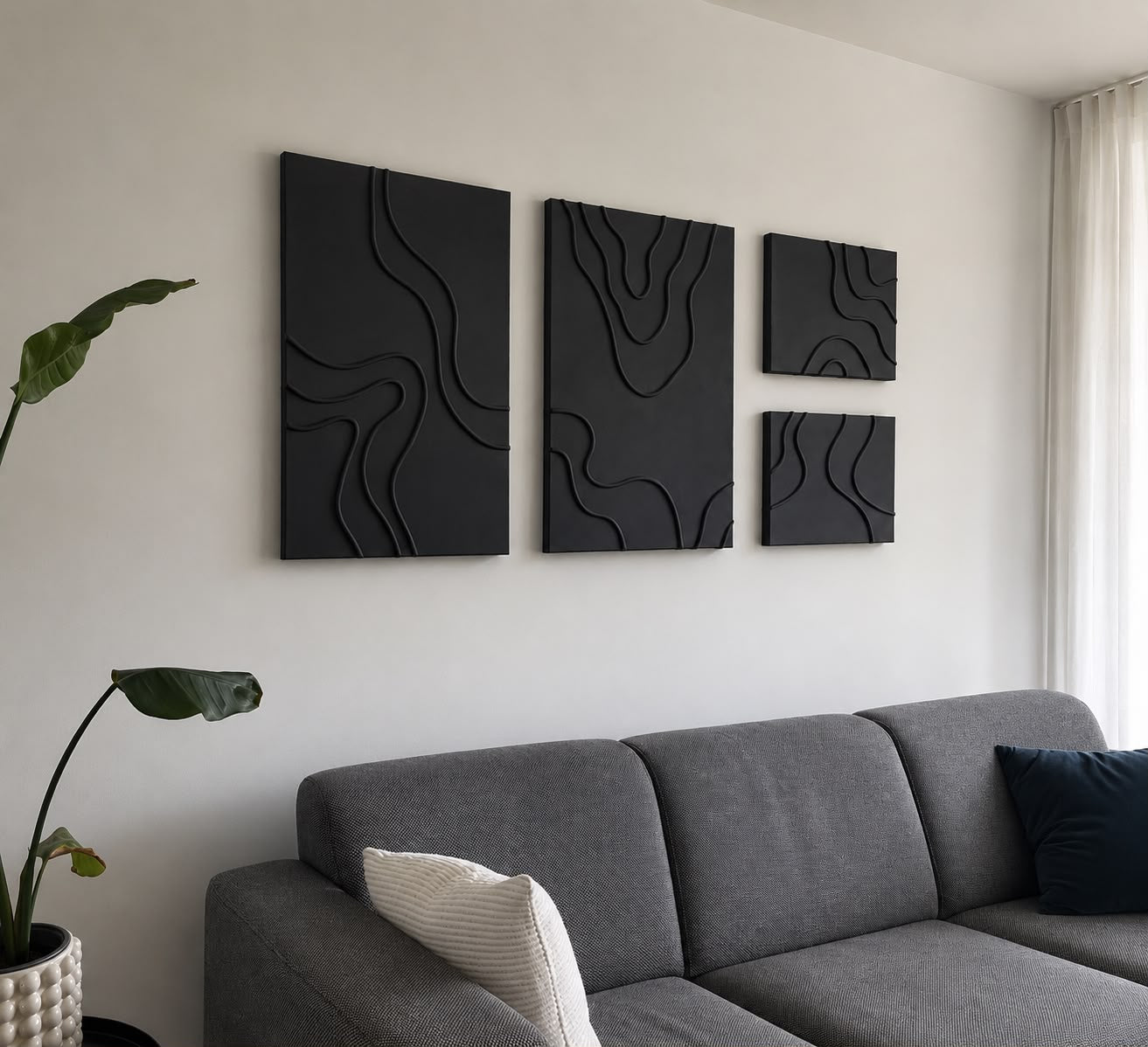 Midnight Contours – 4-Piece Textured Wall Art Set